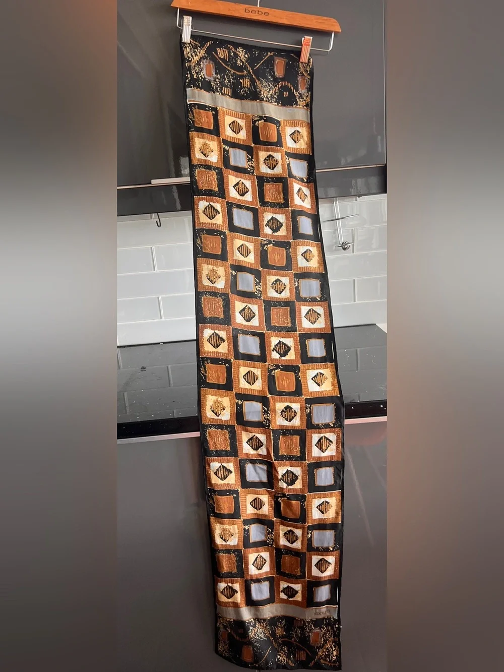 Adolfo For Baar And Beards Silk Scarf Tribal Geometric Brown Black Gray 11x53”